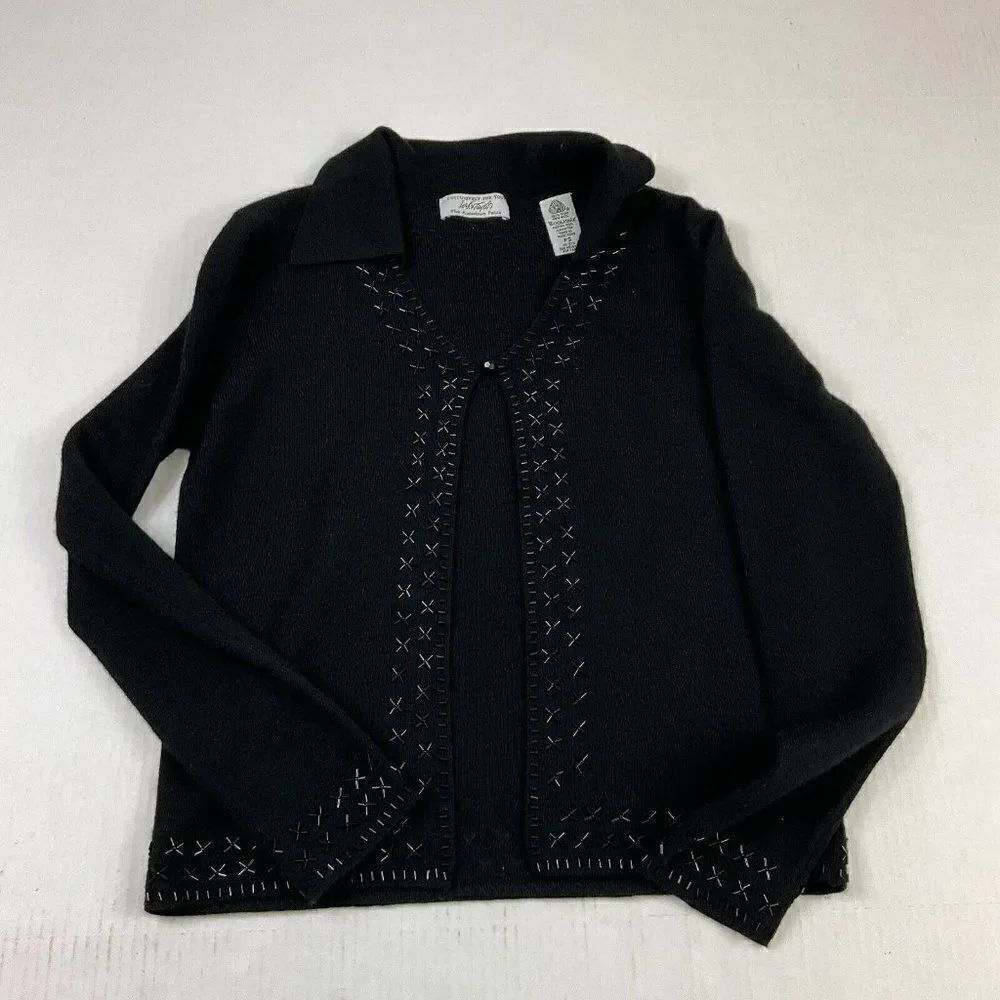 Lord & Taylor Wool Cardigan Black Button Beaded Sweater Long Sleeve PS Petites